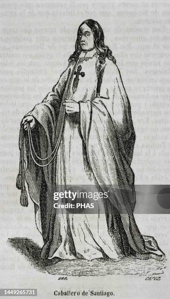 Order of Santiago. Religious and military order founded in the 12th century in the kingdom of Leon. Knight of Santiago. Engraving by Capuz. Historia...