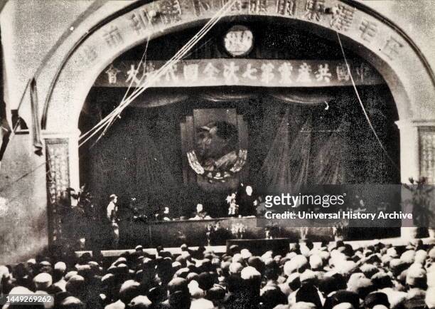 Seventh National Congress of the Communist Party of China officially opened. The picture shows the podium of the conference. Ren Bishi was a military...