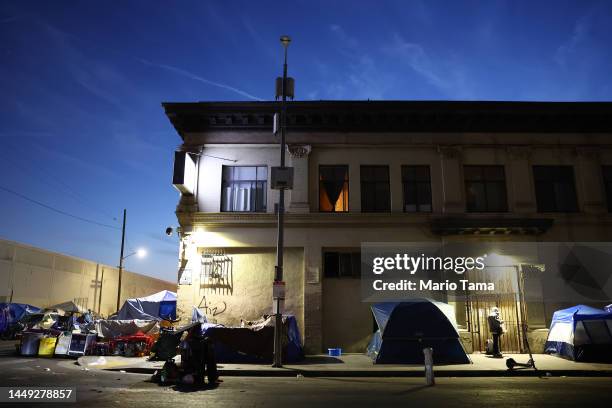 Homeless encampment lines a sidewalk in the Skid Row community on December 14, 2022 in Los Angeles, California. New Los Angeles Mayor Karen Bass...