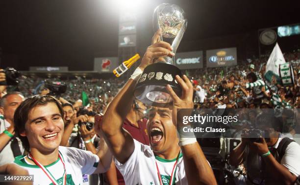 Rodolfo Salinas of Santos Laguna celebrateas championship of the Torneo de Clausura 2012 in the TSM Stadium on May 20, 2012 in Torreon, Mexico....