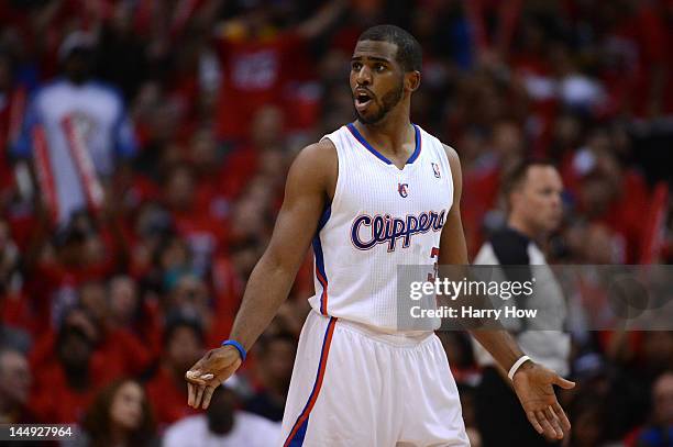 Chris Paul of the Los Angeles Clippers reacts in the third quarter while taking on the San Antonio Spurs in Game Four of the Western Conference...