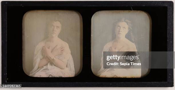 Woman with bracelets, daguerreotype, hand colored, image size: height: 6,60 cm; width: 6,00 cm, portrait photography, woman, bracelet, bangle,...