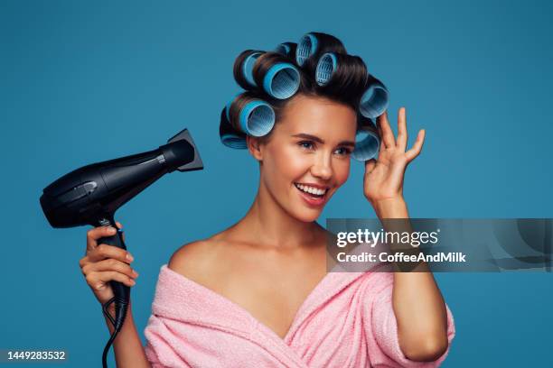 beautiful funny emotional woman after bath - krulspelden stockfoto's en -beelden