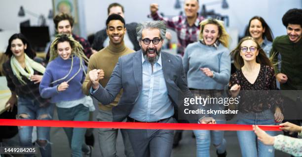 sports race at casual office! - finishing line stock pictures, royalty-free photos & images