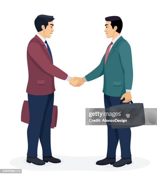 business partners shaking hands. - salesman flat design stock illustrations