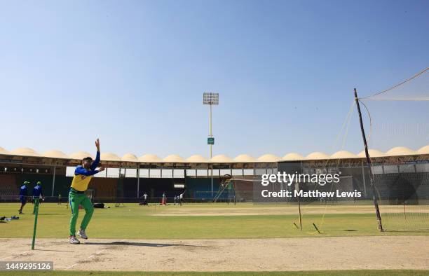 Abrar Ahmed of Pakistan pictured during a Net Session ahead of the Third Test match between England and Pakistan at Karachi National Stadium on...