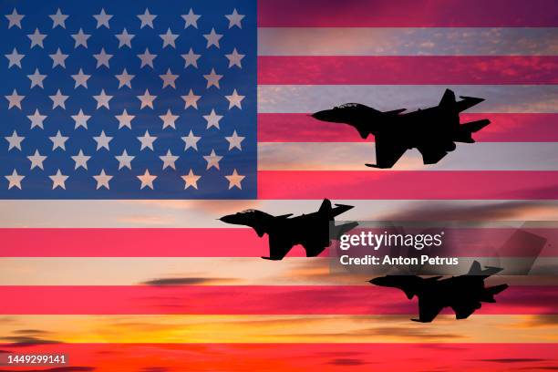 fighters on the background of the usa flag - air attack stock pictures, royalty-free photos & images