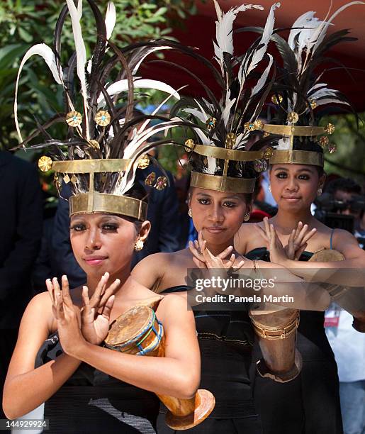 Traditional Timorese dancing girls are seen during the opening of the new Museum of Resistance in Dili as East Timor celebrates ten years of...