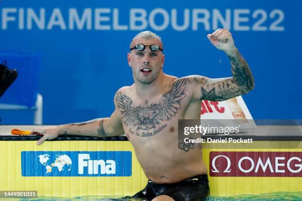 Kyle Chalmers of Australia celebrates winning gold in the Men's 100m Freestyle Final on day three of the 2022 FINA World Short Course Swimming...