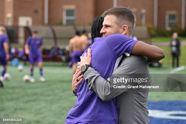 Head coach Steffen Siebert and Keel Brissett of the Williams College Ephs talk before the Division III Mens Soccer Championship game against the...