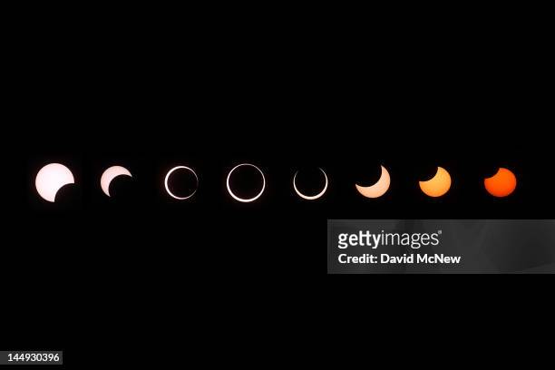 Composite of images of the first annular eclipse seen in the U.S. Since 1994 shows several stages, left to right, as the eclipse passes through...