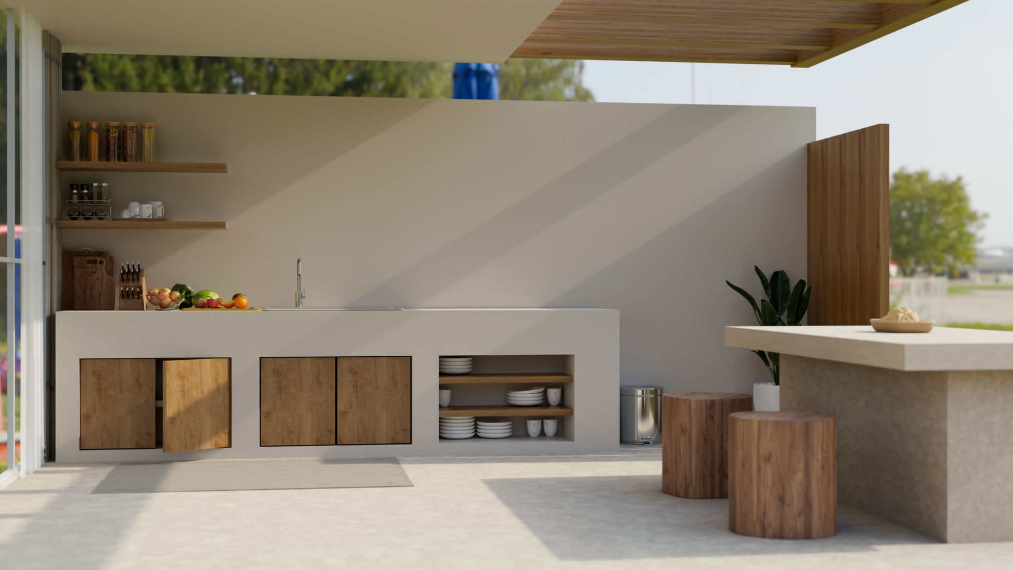 Modern outdoor kitchen exterior design in wood and cement material with kitchen island Modern outdoor kitchen exterior design in wood and cement material with kitchen island