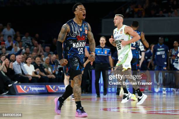 Rayjon Tucker of Melbourne United reacts during the round 11 NBL match between Melbourne United and South East Melbourne Phoenix at John Cain Arena,...