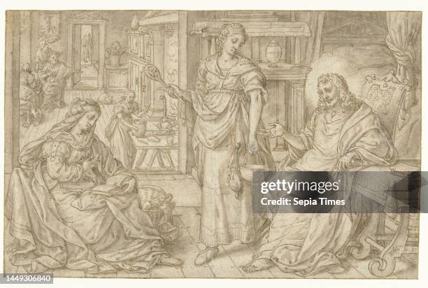 On the left Mary is sitting with a book on her lap and a sewing basket next to her. Martha is standing in the middle next to Christ, who sits at a...