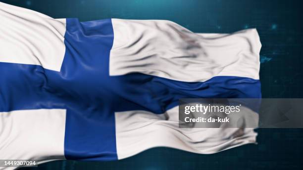 flagge finnlands auf dunkelblauem hintergrund - finnish culture stock-fotos und bilder