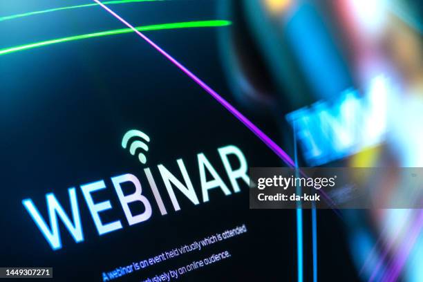 webinar services presentation with infographics on digital display - webinar stock pictures, royalty-free photos & images
