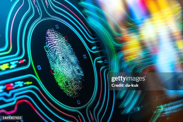 fingerprint authentication button. biometric security - biometrics stockfoto's en -beelden