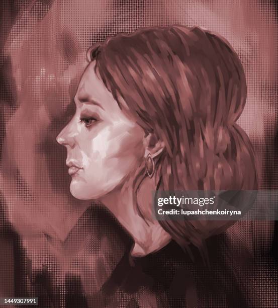 illustration oil painting profile portrait of a woman with long hair in sepia - evacuation stock illustrations