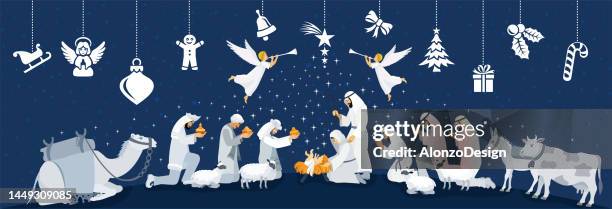 o holy night!  nativity scene. the birth of christ. - baby angel wings stock illustrations