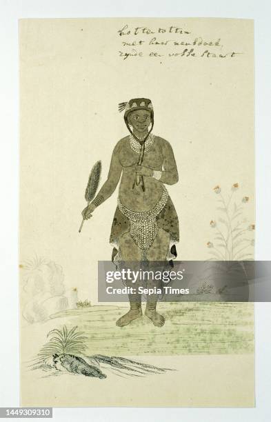 Standing Khoikhoi woman, draughtsman: Robert Jacob Gordon, Oct-1777 - Mar-1786, paper, brush, pen, h 660 mm × w 480 mm, h 280 mm × w 169 mm.