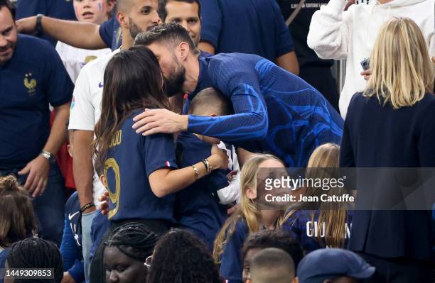 Olivier Giroud of France kissing his wife Jennifer Giroud following the FIFA World Cup Qatar 2022 semifinal match between France and Morocco at Al...