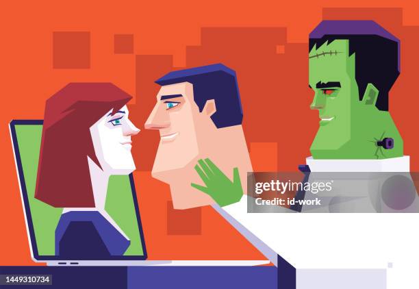 frankenstein holding man head and meeting woman on laptop - cover monster face stock illustrations