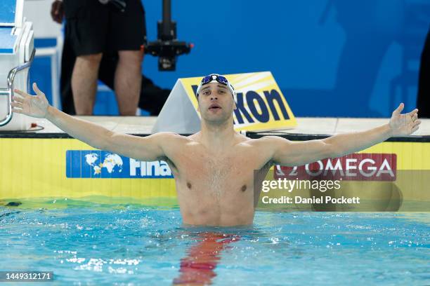 Chad le Clos of South Africa celebrates winning gold in the Men's 200m Butterfly Final on day three of the 2022 FINA World Short Course Swimming...