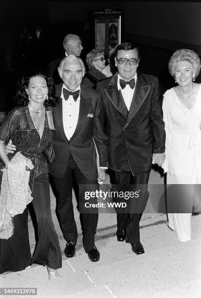 Nancy Deale, Lorne Greene, Ross Hunter, and guest attend a party, celebrating the local opening of the "A Chorus Line" tour, in Los Angeles,...