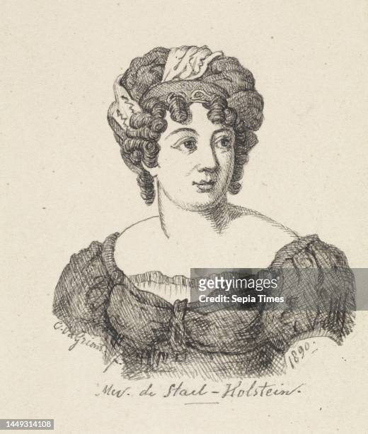 Portrait of Anne Louise Germaine de Stael-Holstein, draughtsman: Cornelis van der Griendt paper, pen, h 110 mm × w 92 mm.