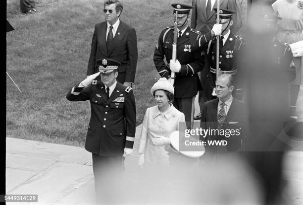 Queen Elizabeth II and Prince Phillip visit the Arlington National Cemetery in Arlington, Virginia, on July 7, 1976.