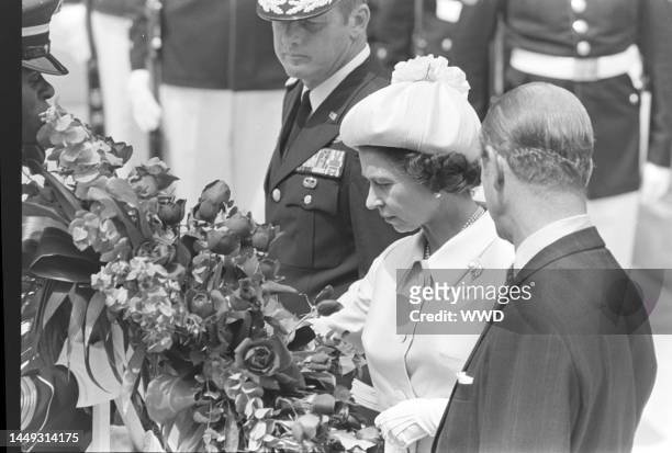 Queen Elizabeth II and Prince Phillip visit the Arlington National Cemetery in Arlington, Virginia, on July 7, 1976.