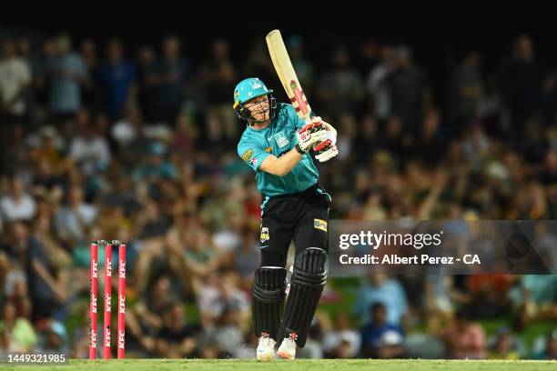 Sam Billings of the Heat bats during the Men's Big Bash League match between the Brisbane Heat and the Melbourne Renegades at Cazaly's Stadium, on...