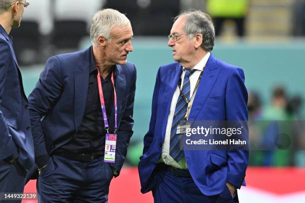 Coach Didier Deschamps of France chats with Noel Le Great, president of the French Federation of Football prior the FIFA World Cup Qatar 2022 semi...