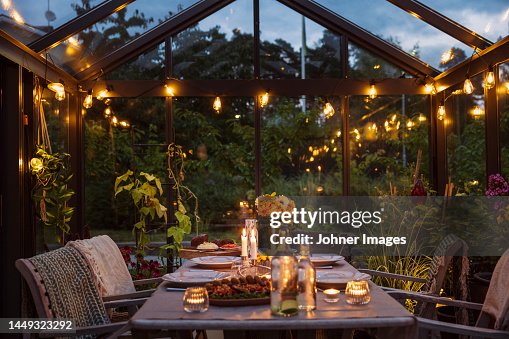 Table set in greenhouse Table set in greenhouse