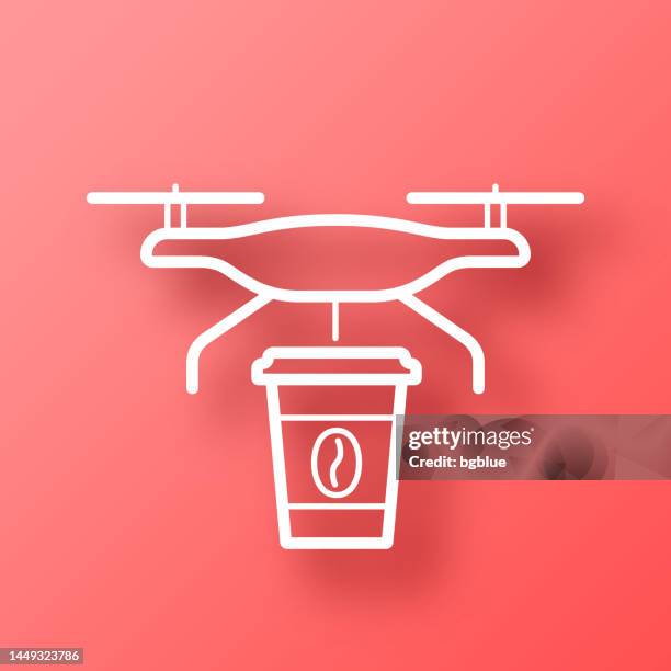 food delivery drone with coffee. icon on red background with shadow - remote control plane stock illustrations