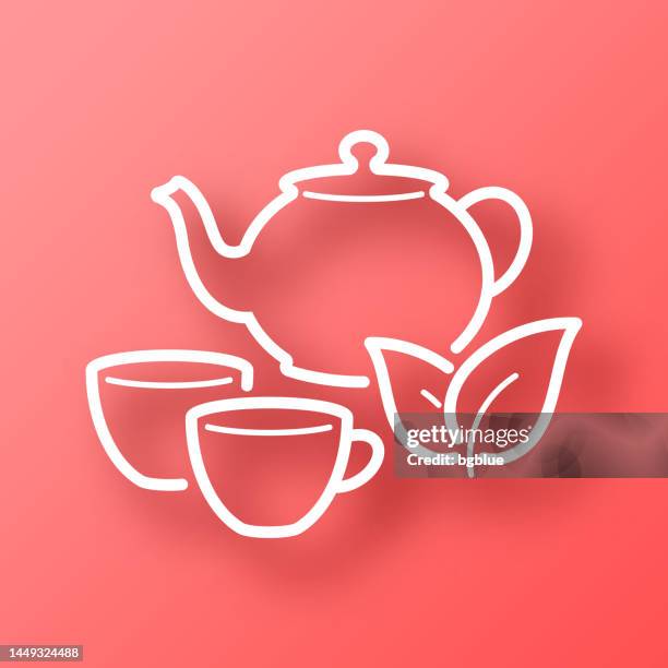 teapot and cup. icon on red background with shadow - tea leaf stock illustrations