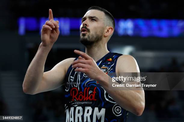 Chris Goulding of Melbourne United reacts during the round 11 NBL match between Melbourne United and South East Melbourne Phoenix at John Cain Arena,...