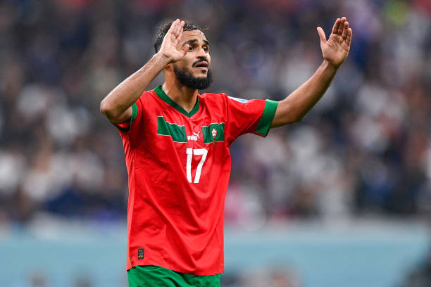 Sofiane Boufal of Morocco reacts during the Semi Final - FIFA World Cup Qatar 2022 match between France and Morocco at the Al Bayt Stadium on...