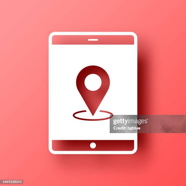 tablet pc with location pin. icon on red background with shadow - 3d map pointer stock illustrations