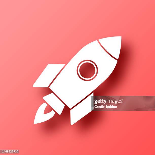 illustrazioni stock, clip art, cartoni animati e icone di tendenza di razzo. icona su sfondo rosso con ombra - rocket