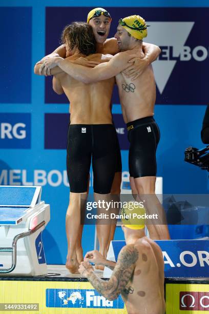 Isaac Cooper, Matthew Temple, Flynn Southam and Kyle Chalmers of Australia celebrate winning gold in the Men's 4x50m Freestyle Final on day three of...