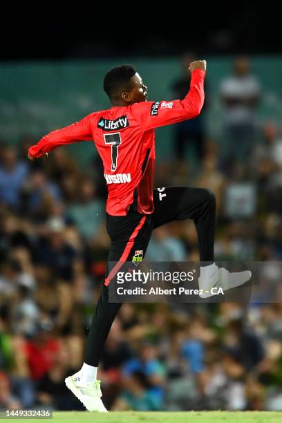 Akeal Hosein of the Renegades celebrates dismissing Jimmy Peirson of the Heat during the Men's Big Bash League match between the Brisbane Heat and...