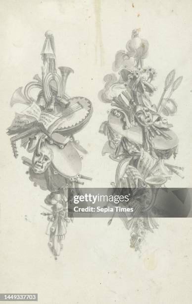 Two compositions with musical instruments, masks and the like. After a print from 'Sixième livre de trophées contenant divers attributes d'Amour et...