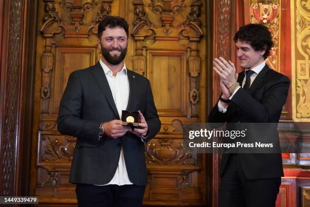 The professional golfer Jon Rahm, receives today the distinction Ilustre de Bizkaia-Bizkaitar Argia 2022, at the Palacio Foral, on 15 December, 2022...