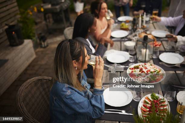 friends having meal in garden - lunch top view stock pictures, royalty-free photos & images