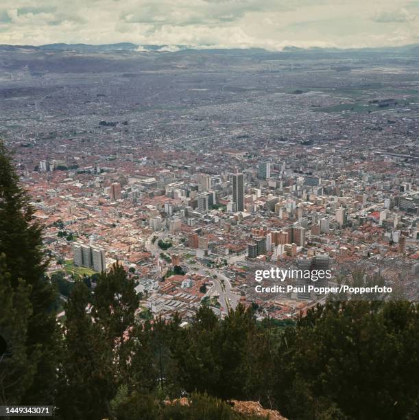 View from Monserrate mountain of buildings in the centre of Bogota, capital city of Colombia circa 1970.