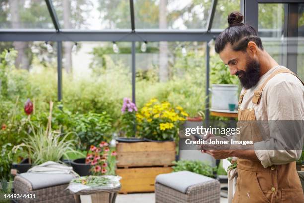 man in greenhouse using cell phone - hair bun stockfoto's en -beelden