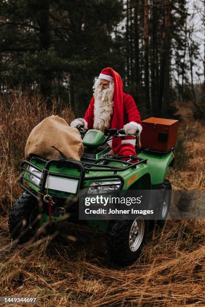 man wearing santa costume riding lawn mower - homme costume jardinier photos et images de collection