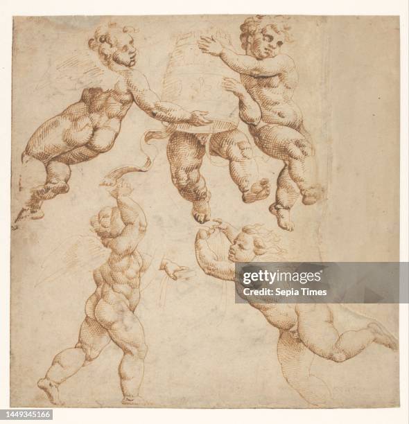 Five angels of which three wear the papal tiara, Five Hovering Angels, draughtsman: Maarten van Heemskerck, Giulio Romano, 1532 - 1536, paper, pen, h...