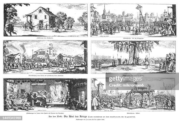 old engraved illustration of series of etchings made by the french draftsman and engraver jacques callot - the horrors of war or the great disasters of war (french: les grandes misères de la guerre) - hanging gallows stock pictures, royalty-free photos & images